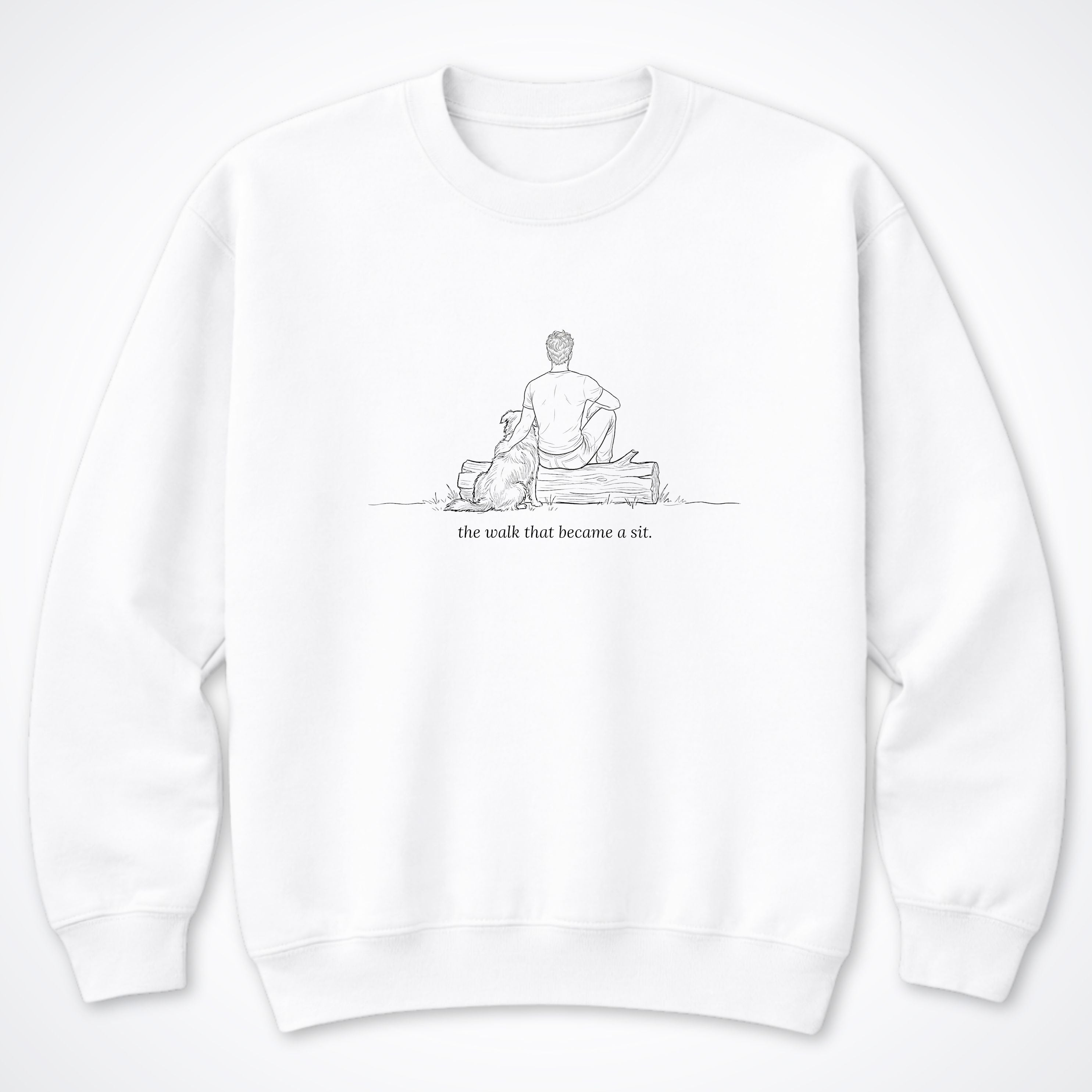 The Walk That Became A Sit Man & Dog Crewneck Sweatshirt - White