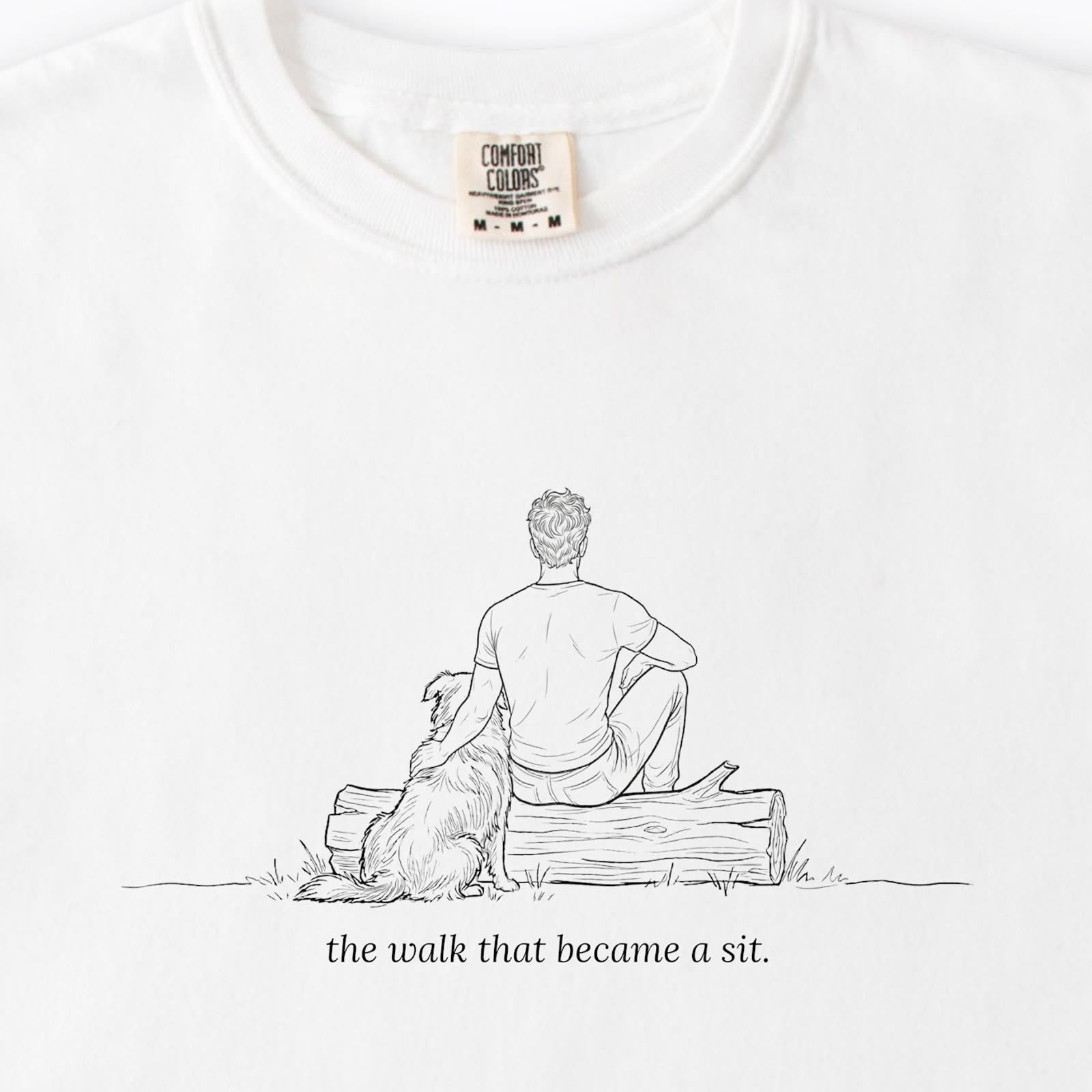 The Walk That Became A Sit Man & Dog Premium T-Shirt - design close up