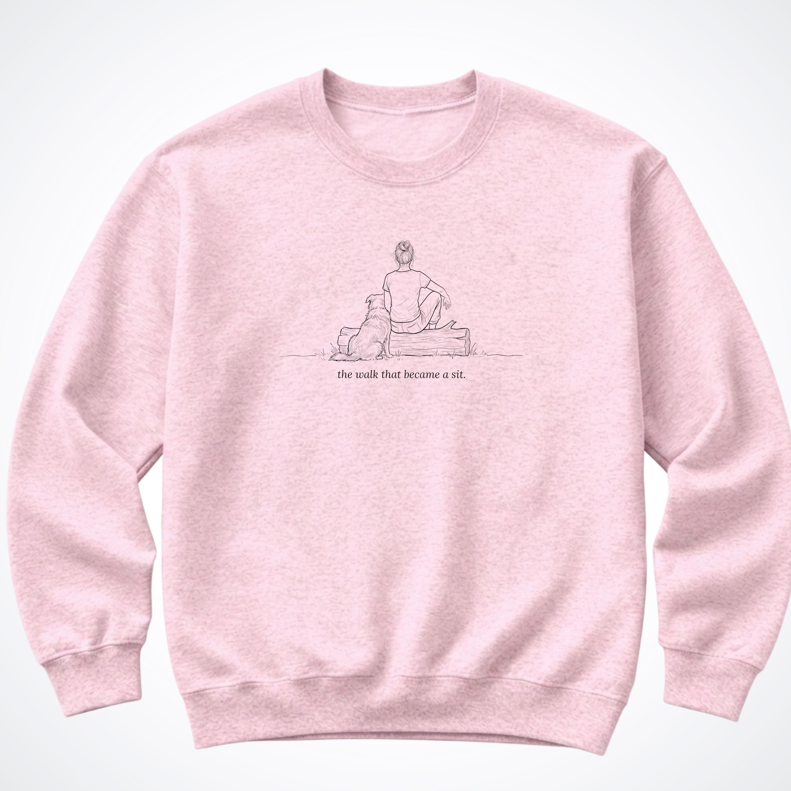 The Walk That Became A Sit Woman & Dog Crewneck Sweatshirt - Light Pink