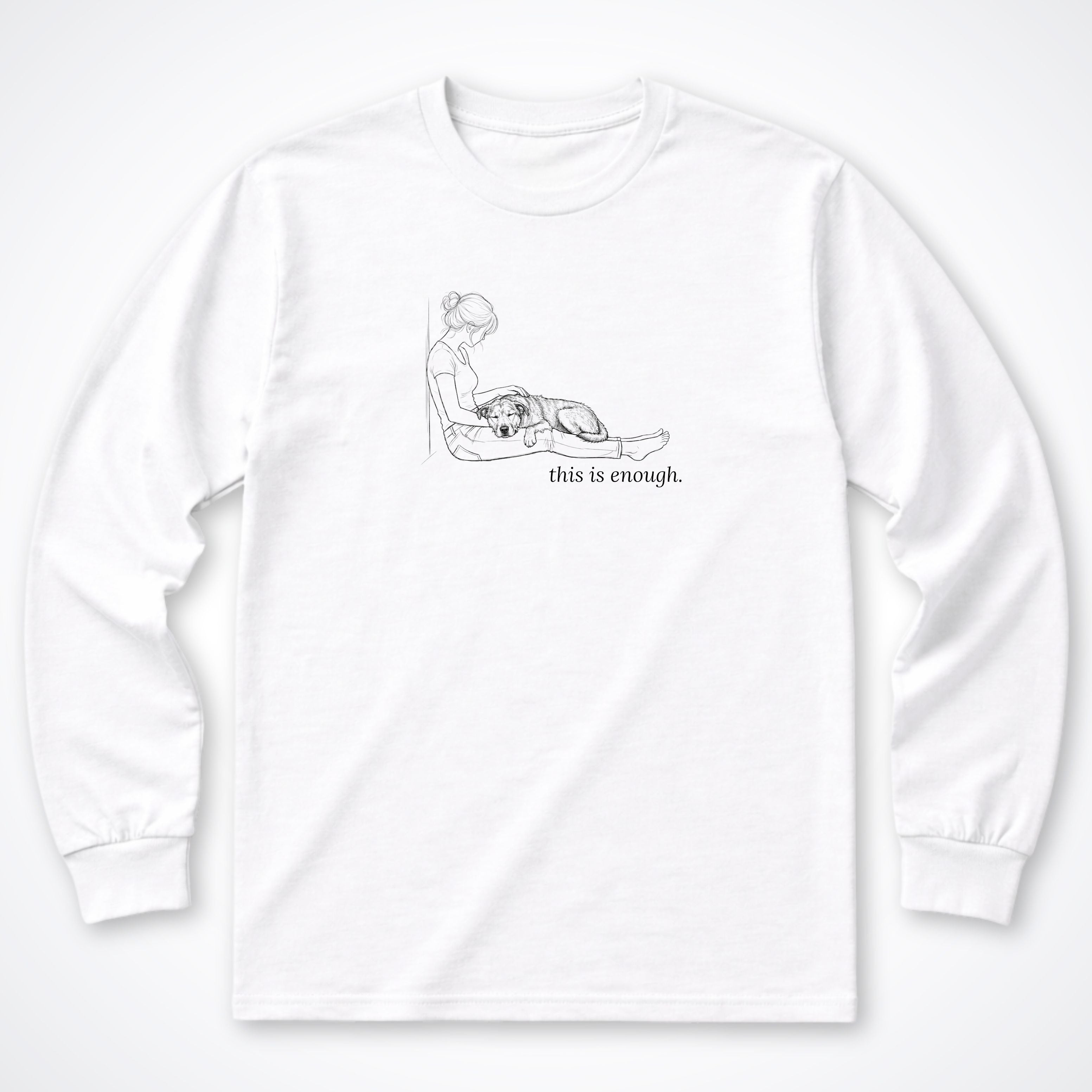 This Is Enough Woman & Dog Medium Coarse Coat Long Sleeve T-Shirt - White