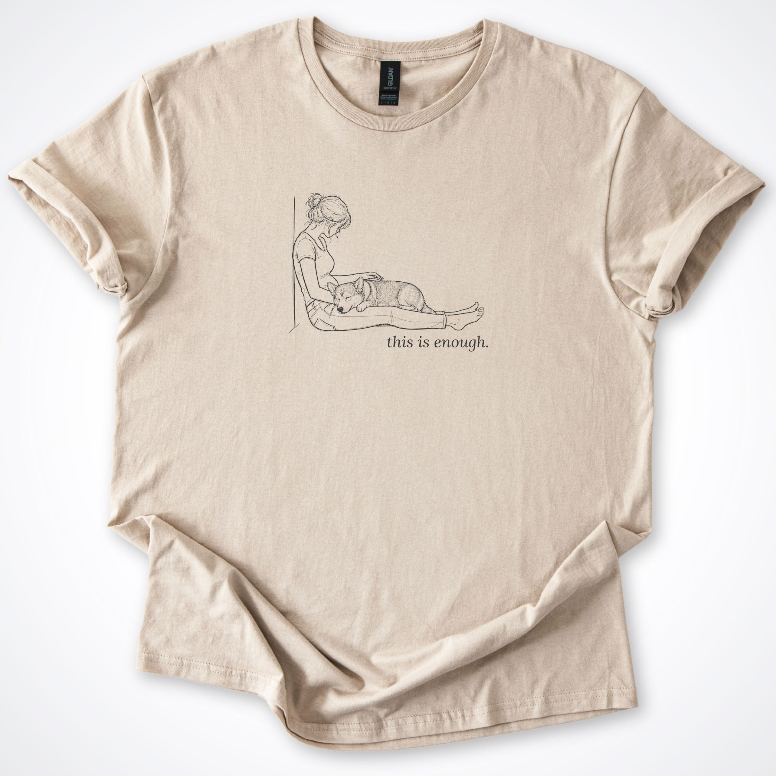 This Is Enough Woman & Dog Stocky Short Coat Classic T-Shirt — Sand
